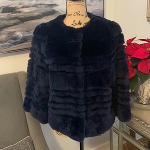 BELLE FARE Designer genuine Rex Rabbit Fur blue jacket coat M 8 $695 Rare